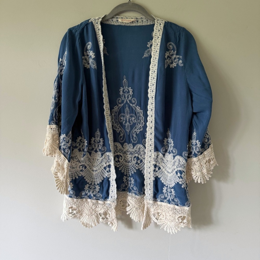 Solitaire Blue Embroidered Crochet Lace Kimono‎ Cardigan Boho Festival Med- Read